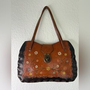 Vintage Floral Tooled Brown Leather Bag